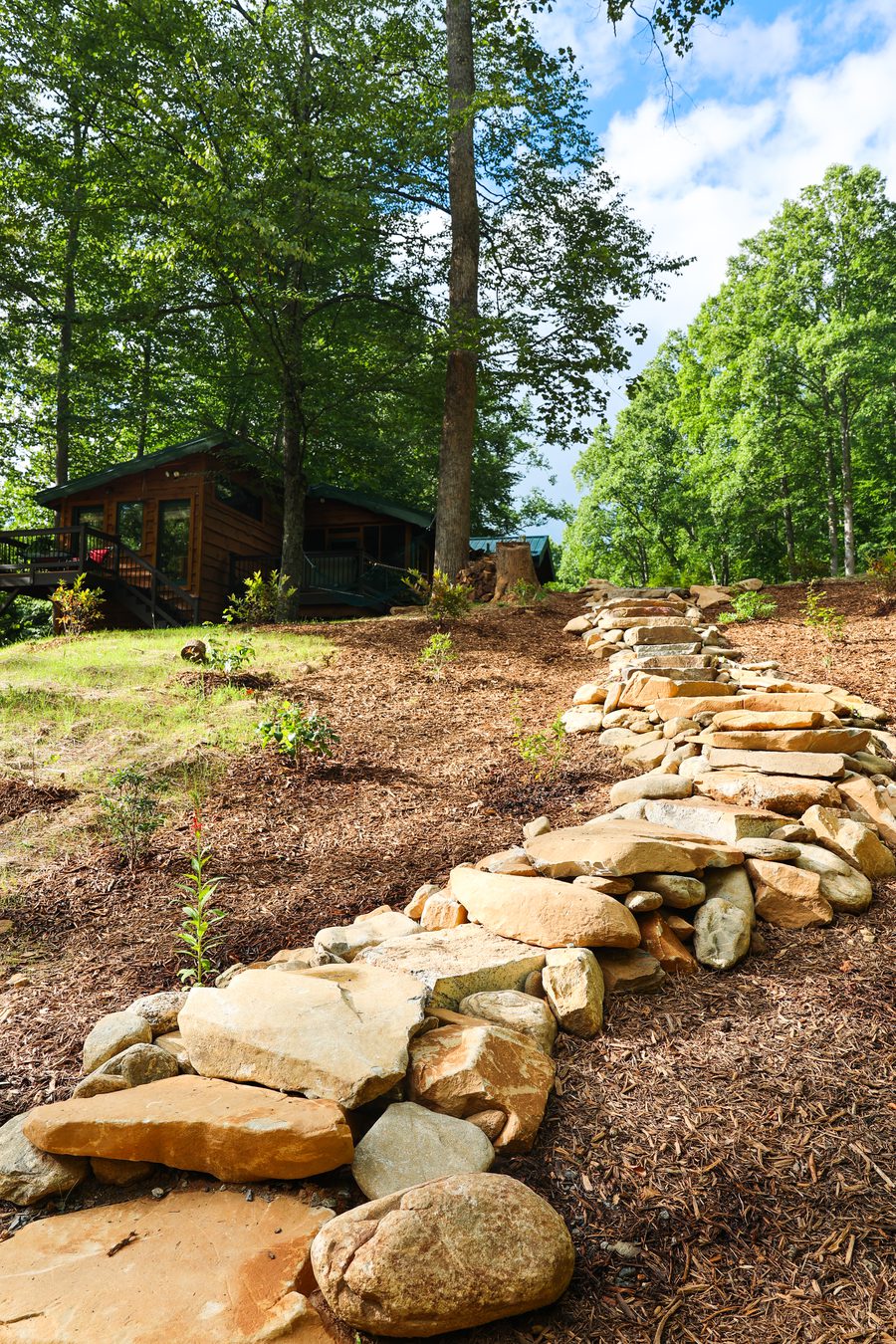 Stone steps leading up to the cabin
